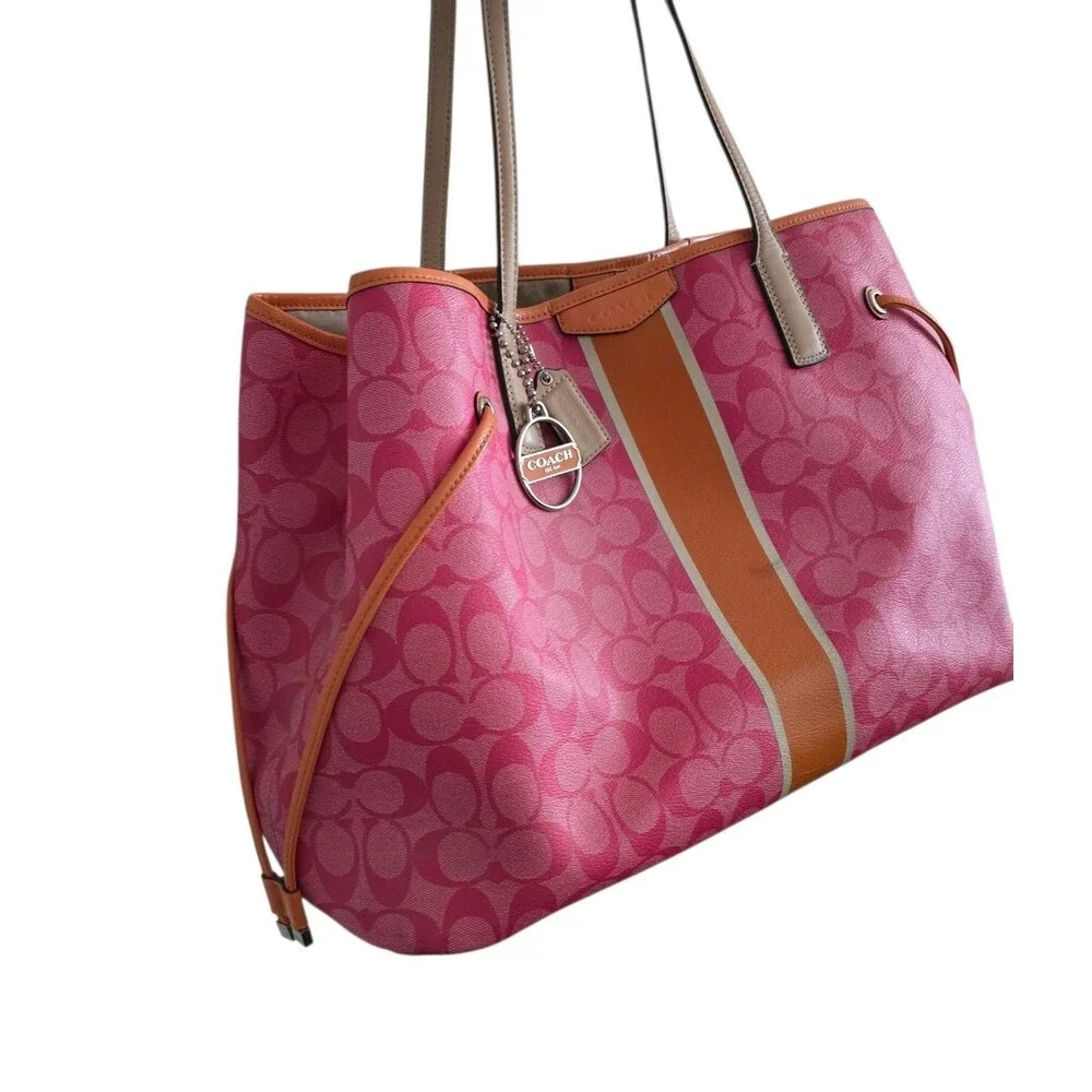 Coach Pink Signature Orange Stripe Large Carryall Handbag Purse F30521